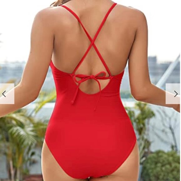 Tempt Me Womens 1 Piece Swimsuit XXL Red V Neck Cross-back Straps Tummy Control - Picture 2 of 6